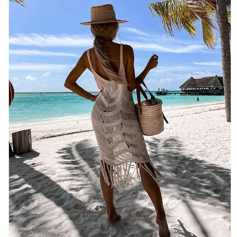 2024 White Crochet Tunic Bikini Cover-ups Sexy Hollow Out Dress Women Summer Clothes See Through Beach Wear Tassel Cover Up-THAT FASHION STORE