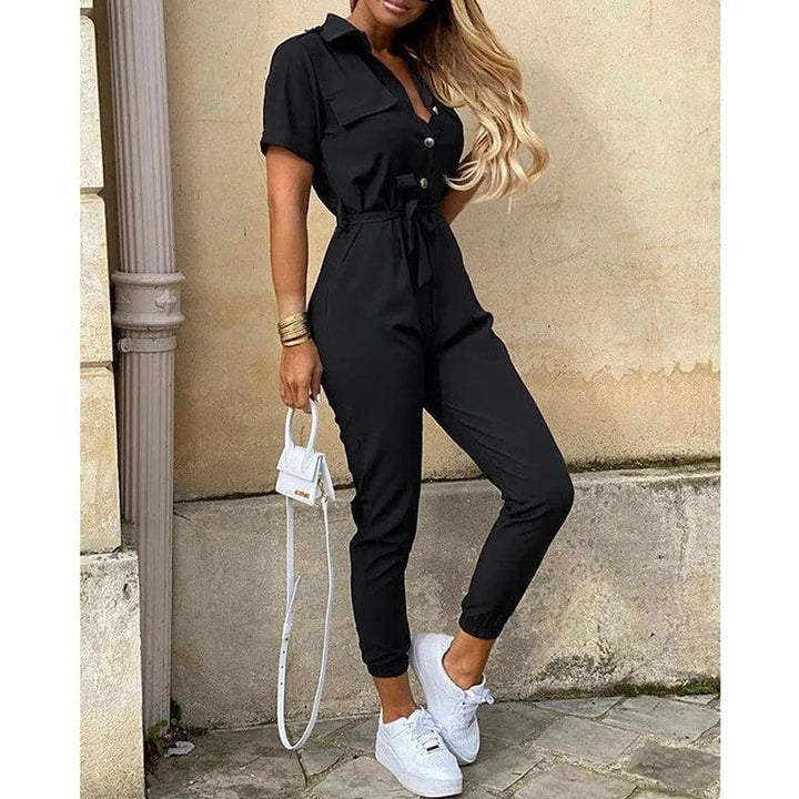 Women's Monochromatic Belt Workwear Jumpsuit, Casual Pants, Flip Collar, Buckle, European and American, Summer, 2023-THAT FASHION STORE