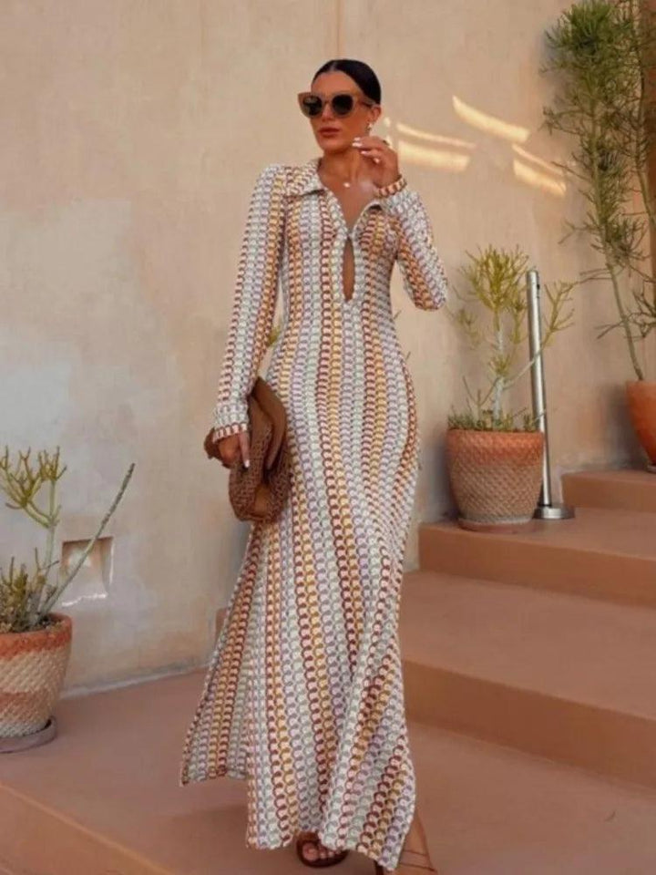 Chic Colorful Striped Crochet Knit Long Dress Women Elegant Long Sleeve Slim A Line Robes 2023 Autumn Female Party Club Vestidos-THAT FASHION STORE