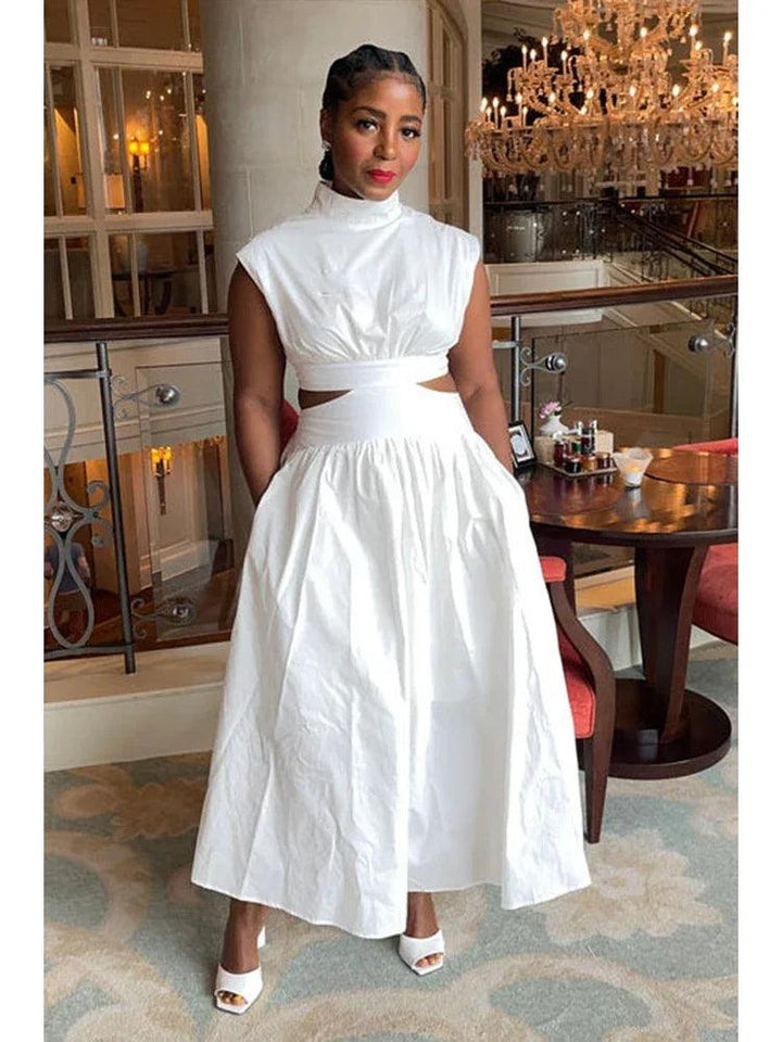 Summer Dresses 2024 Mock Neck Sleeveless Cutout White Maxi Dresses A-Line Elegant Pockets Casual Party Hollow Out Long Dress-THAT FASHION STORE