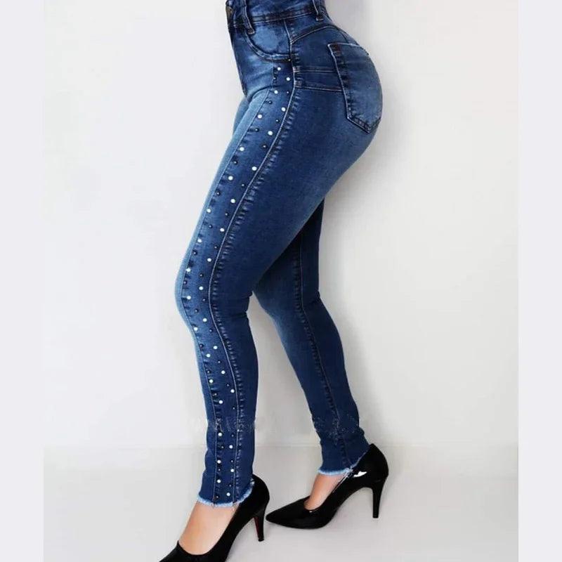 Jeans Pants Woman High Waist Slim Skinny Elastic Denim Trousers Femme Vintage Blue Beading Push Up Pencil Jeans-THAT FASHION STORE