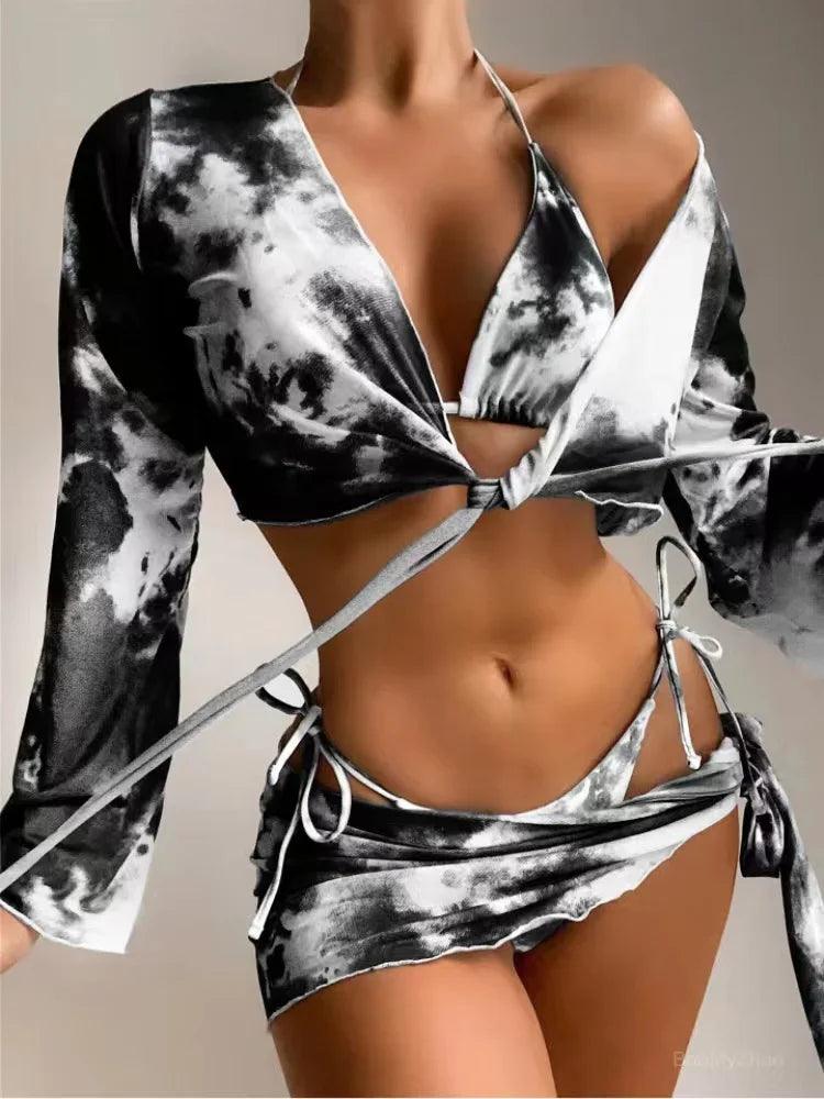 2024 Tie Dye Four-piece Bikinis Sets Sexy Halter Women's Swimsuit Low Waist Triangle Thong Swimwear Female Push Up Bathing Suits-THAT FASHION STORE