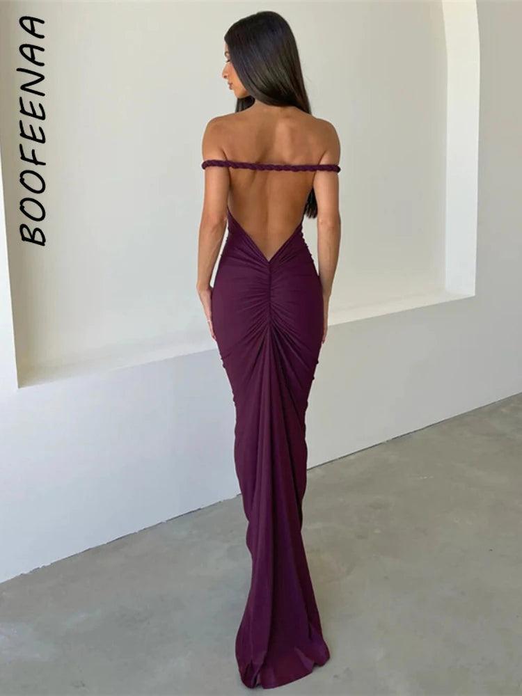 BOOFEENAA Twist Halter Neck Backless Long Dresses for Women Elegant Sexy Party Maxi Dress Purple Black Green Summer 2024 C83CB33-THAT FASHION STORE