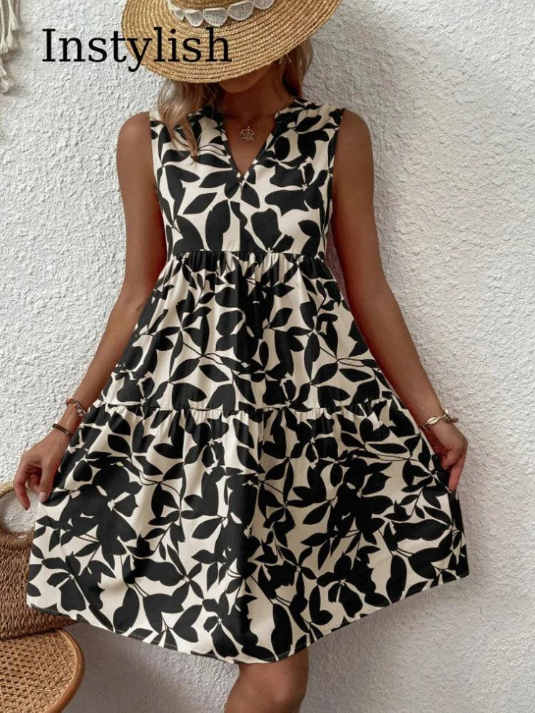 Women Boho Print Mini Dress Summer Elegant Sleeveless V Neck Ruffle A Line Tank Dress Casual Loose Oversize Beach Party Sundress-THAT FASHION STORE