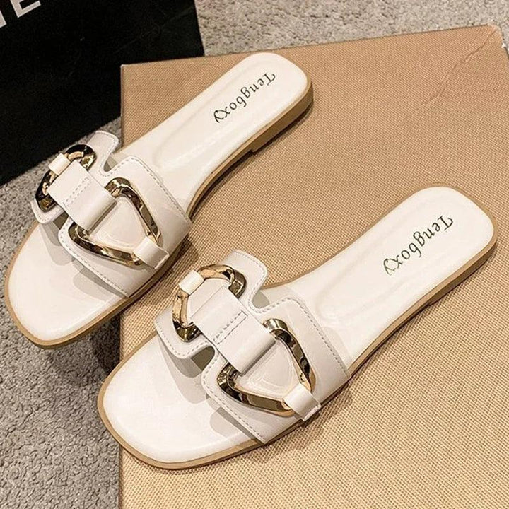 Women Metal Decor Single Band Flat Sandals Fashion Sexy Open Toe Outdoors Slides Luxurious Office Ladies Party Female Shoes-THAT FASHION STORE