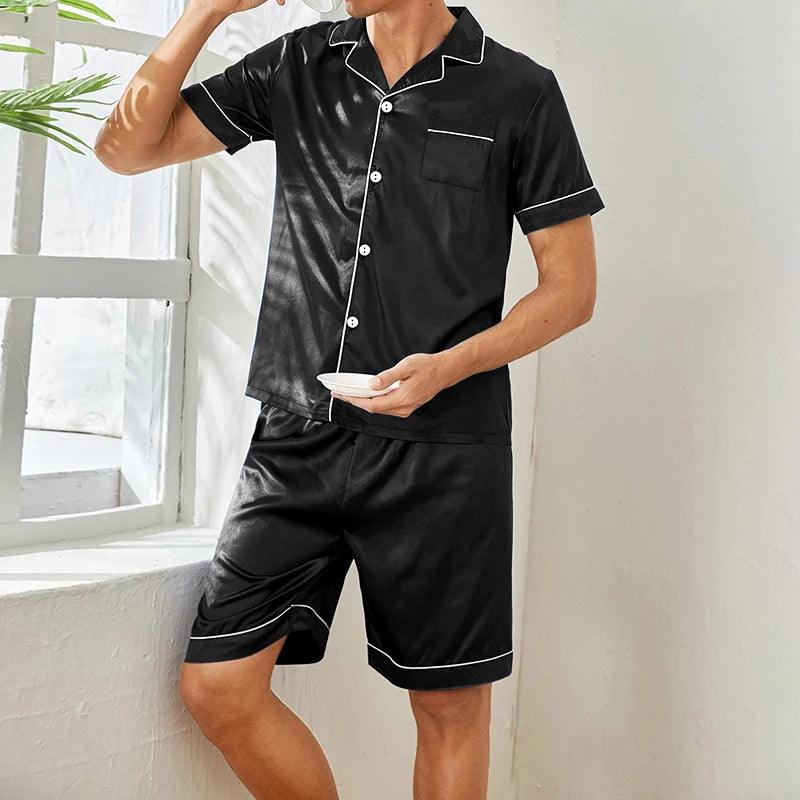 New Men's Satin Pajama Set For Summer Casual Pijama Button Down Pocket Short Sleeve Shirt With Shorts Loungewear Sleepwear Set-THAT FASHION STORE