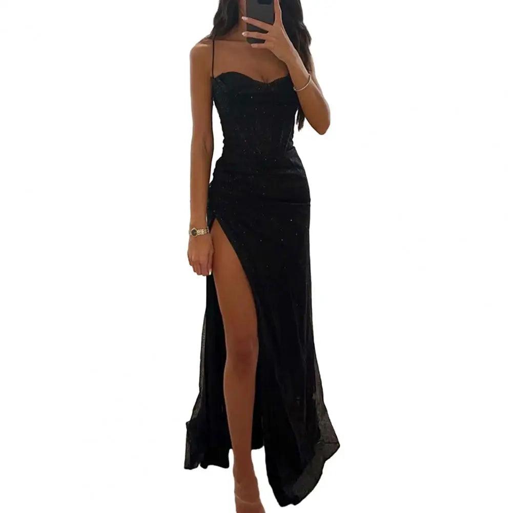 Women Evening Dress Spaghetti Strap Shiny Sequin Sleeveless Off Shoulder Dress Loose High Waist Floor Length Lady Prom Dress-THAT FASHION STORE