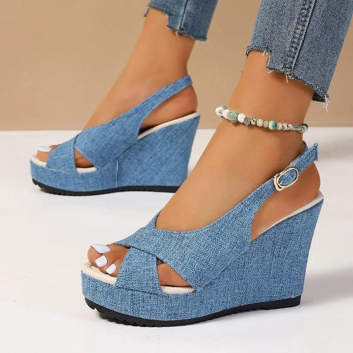 DOGHC 2024 NEW Size 35-43 Shoes for Women Ankle Buckle Wedges Sandals for Women Summer Denim Sandal Comfortable Thick Sole-THAT FASHION STORE