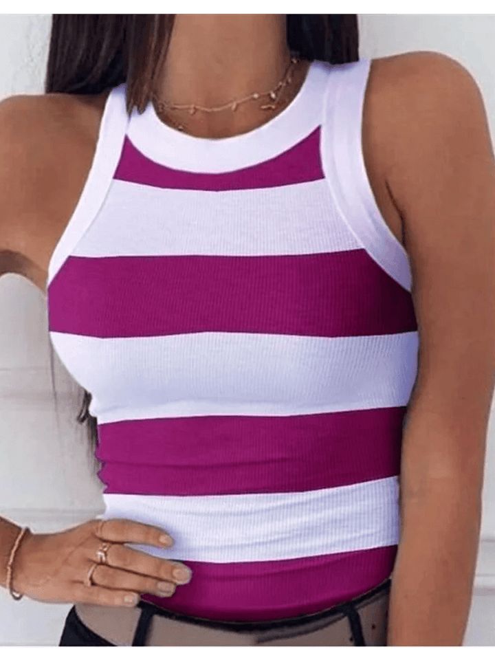 Summer Basic Elastic Tank Top Digital Printing T-shirt Women's O Neck Racerback Sexy Tank Top Stripe Print Sleeveless Tank Top-THAT FASHION STORE