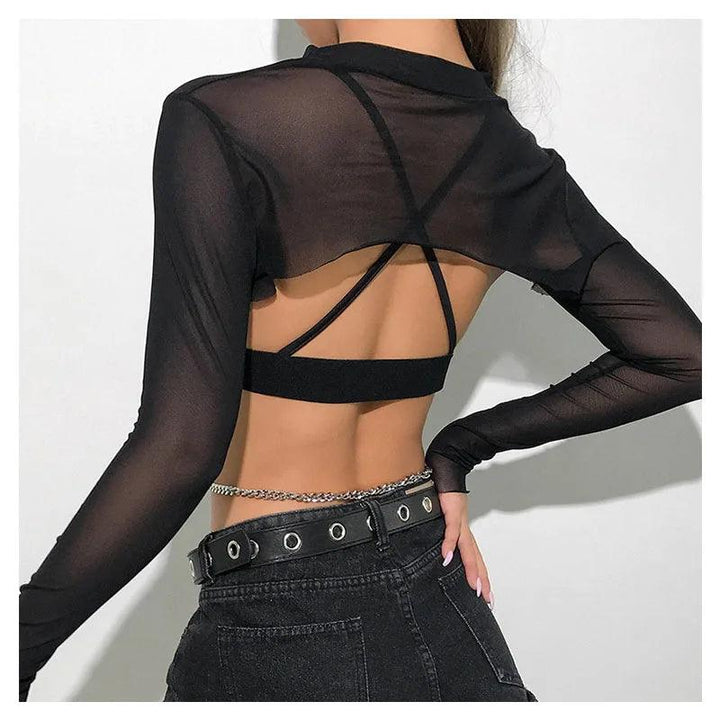 Sexy Women Crop Top Mesh Sleeve T-Shirt Sexy Tops Hollow Out Transparent Tops Ladies T Shirt Black Top Casual T-shirt Tee Shirts-THAT FASHION STORE