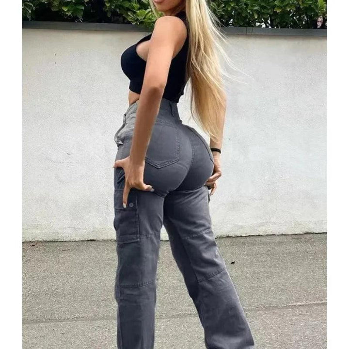 Women High Waist High Elastic Solid Jeans 2023 New Autumn Jeans Women Workwear with Pocket Denim Straight-Leg Pants Cargo Pants-THAT FASHION STORE