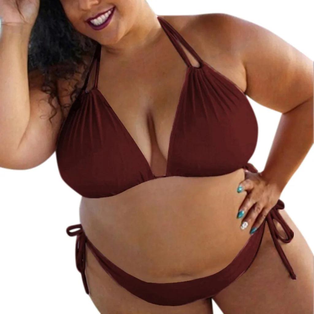 Summer Plus Size Bikinis Sets Women Solid Halter Neck Drawstring Swimming Suit 2024 New Bathing Bottoms Tankini Set Bikini Mujer-THAT FASHION STORE