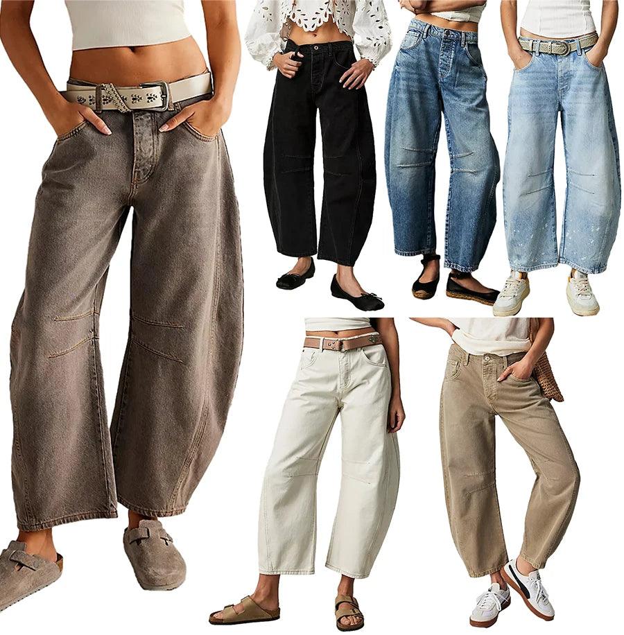 Women Loose Wide Leg Jeans Solid Color Mid-Rise Barrel Denim Pants Spring Fall Casual Trousers Streetwear Punk Trendy Long Pants-THAT FASHION STORE