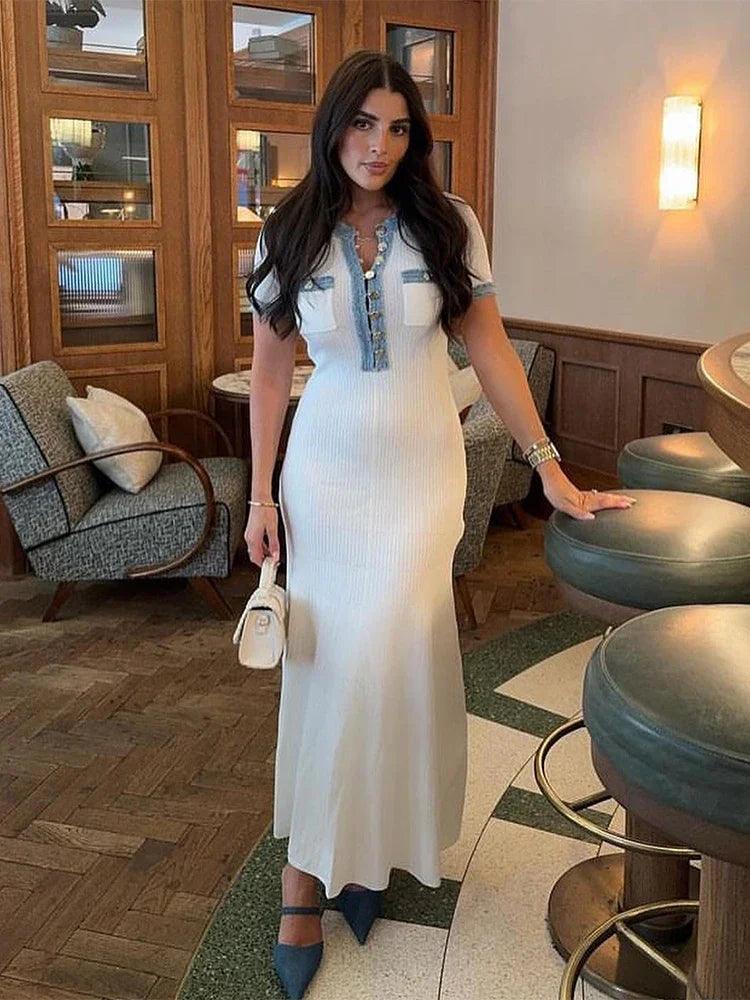 Elegant V Neck Denim Patchwork Knitted Long Dress Women Fashion Short Sleeved Buttons Bodycon Dresses Office Lady Pockets Robes-THAT FASHION STORE