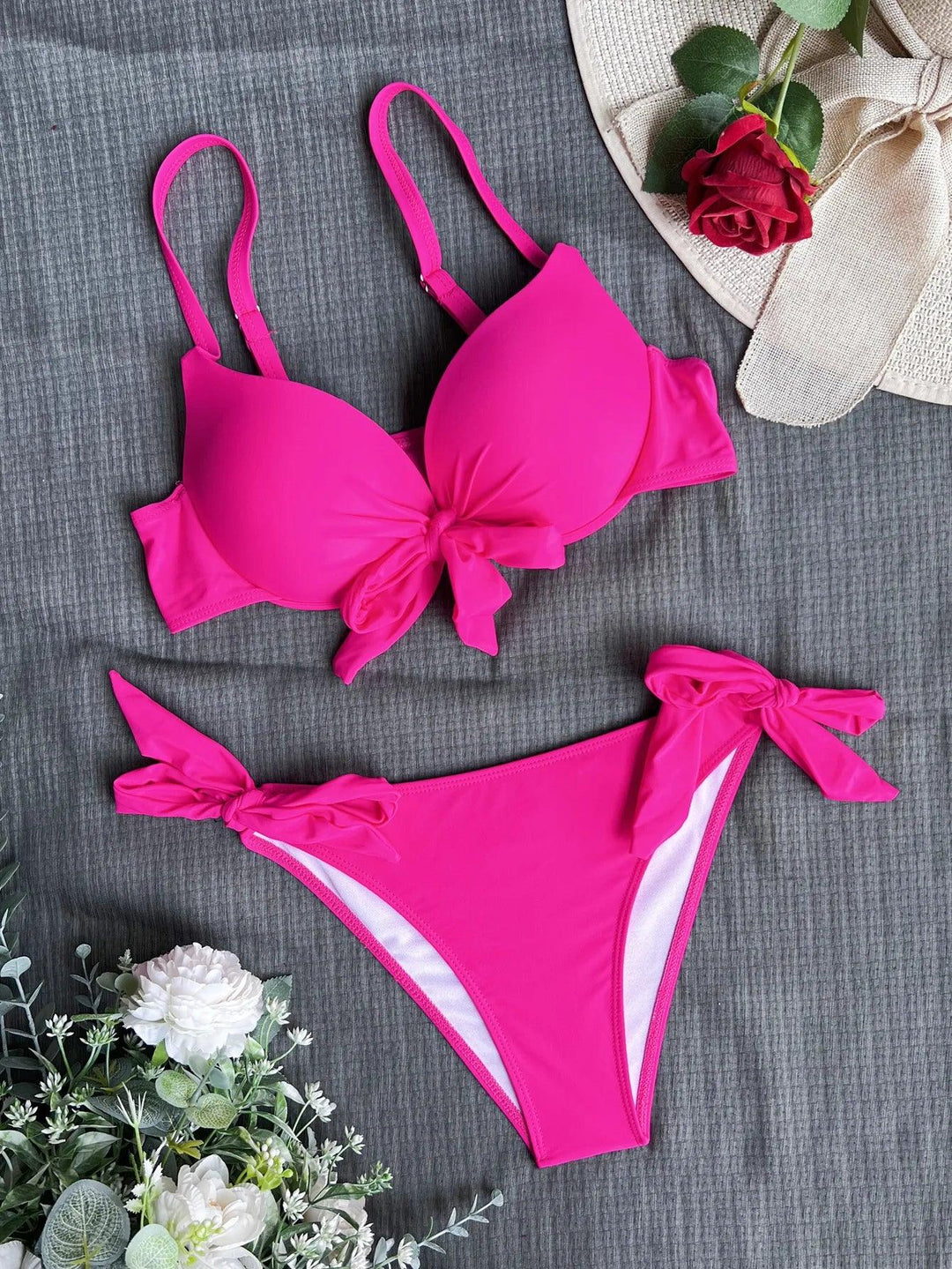 sexy front bow knot push up bikinis two pieces solid swimsuit tie bikini swimsuit Swimwear Biquini conjunto de bikini tankini-THAT FASHION STORE