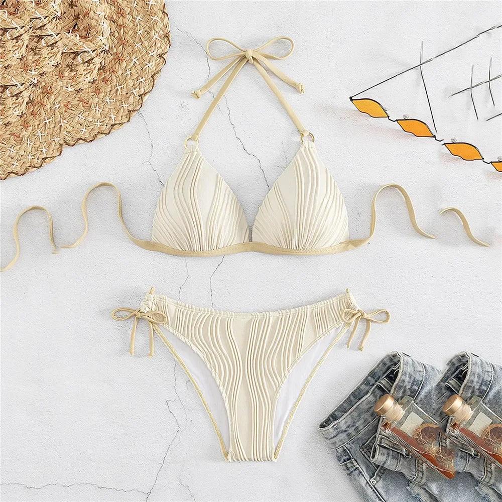 Sexy Push Up Swimwear String Halter Bikinis Set Wrinkled Swimsuit Women 2024 Lace-up Bathing Suit Brazilian Bikini Bather Swim-THAT FASHION STORE