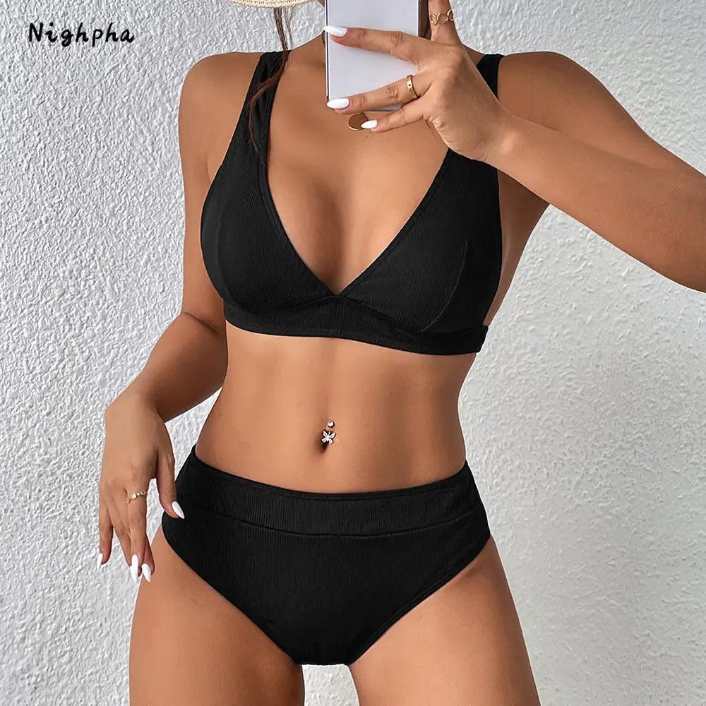 Nighpha Women's Solid Color Push Up Bikini Swimsuits Deep V Neck High Waisted 2 Piece Bathing Suit Beach Swimwear 2023 Women-THAT FASHION STORE