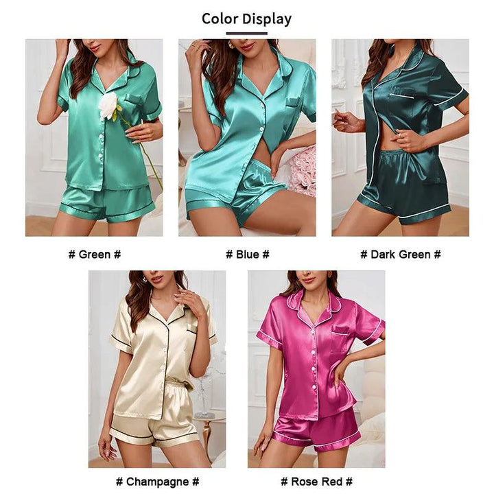 Women's Lapel Neck Sleepshirt Sleepwear Summer Satin Pajamas Set Casual Short Sleeve Buttons Top And Elastic Shorts Lounge Set-THAT FASHION STORE