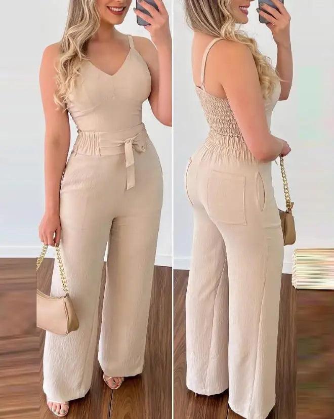 2023 Summer Woman Long Jumpsuits Elegant Sexy V-Neck Shirred Cami Top & High Waist Pants Set New Fashion Casual One Pieces-THAT FASHION STORE