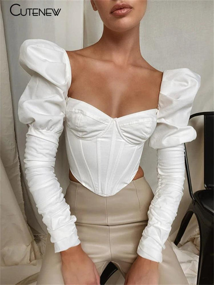 Cutenew Elegant Romantic Irregular Croped Corset Top Women Stylish Puff Sleeve Vacation Crop Top Skinny Casual Streetwear Female-THAT FASHION STORE