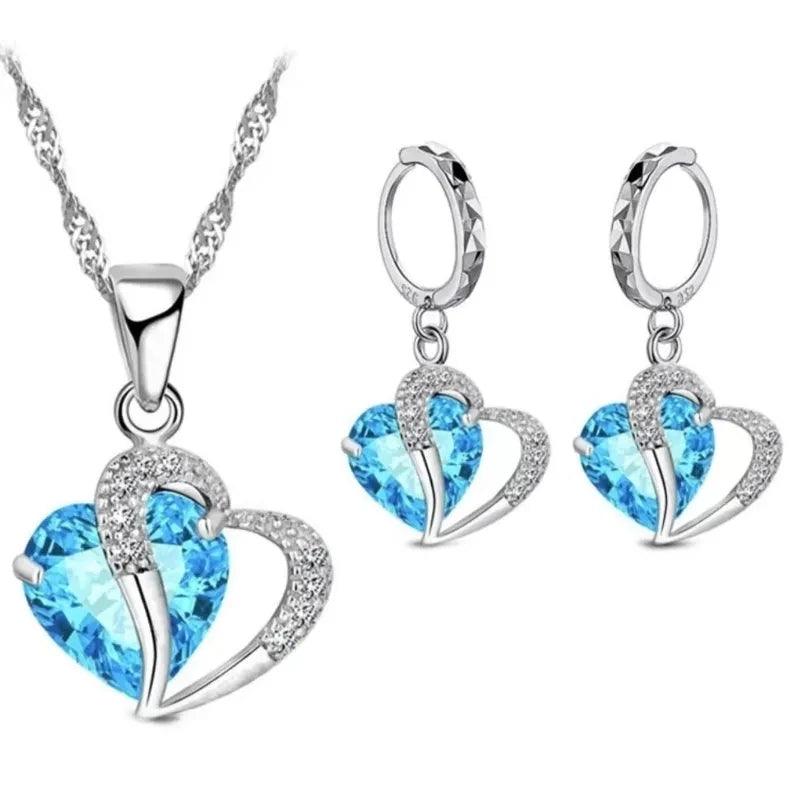 Luxury Women 925 Sterling Silver Cubic Zircon Necklace Pendant Earrings Sets Cartilage Piercing Jewelry Wedding Heart Design-THAT FASHION STORE