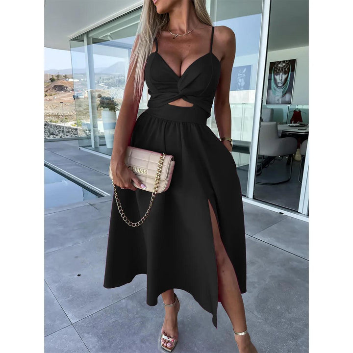 Solid Big Hem Dresses Women Sexy V-neck Backless Summer Fashion Twist Design Hollow Out Long Casual Sleeveless Sling Dress-THAT FASHION STORE