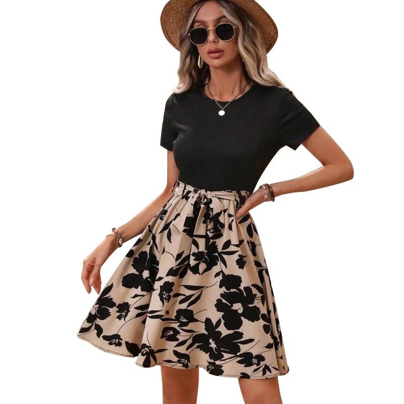 Fashion Casual Summer Women's Round Neck A-line Flower Print Tie With Bow Holiday Style Waist Dress-THAT FASHION STORE