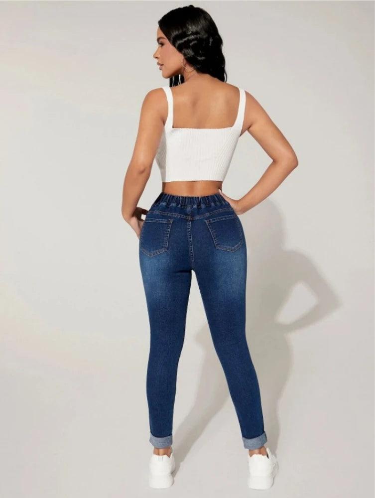 2023 Autumn and Winter Women's High Stretch Elastic Waist Drawstring Jeans Fashion Skinny Slim Ankle-Length Denim Pencil Pants-THAT FASHION STORE