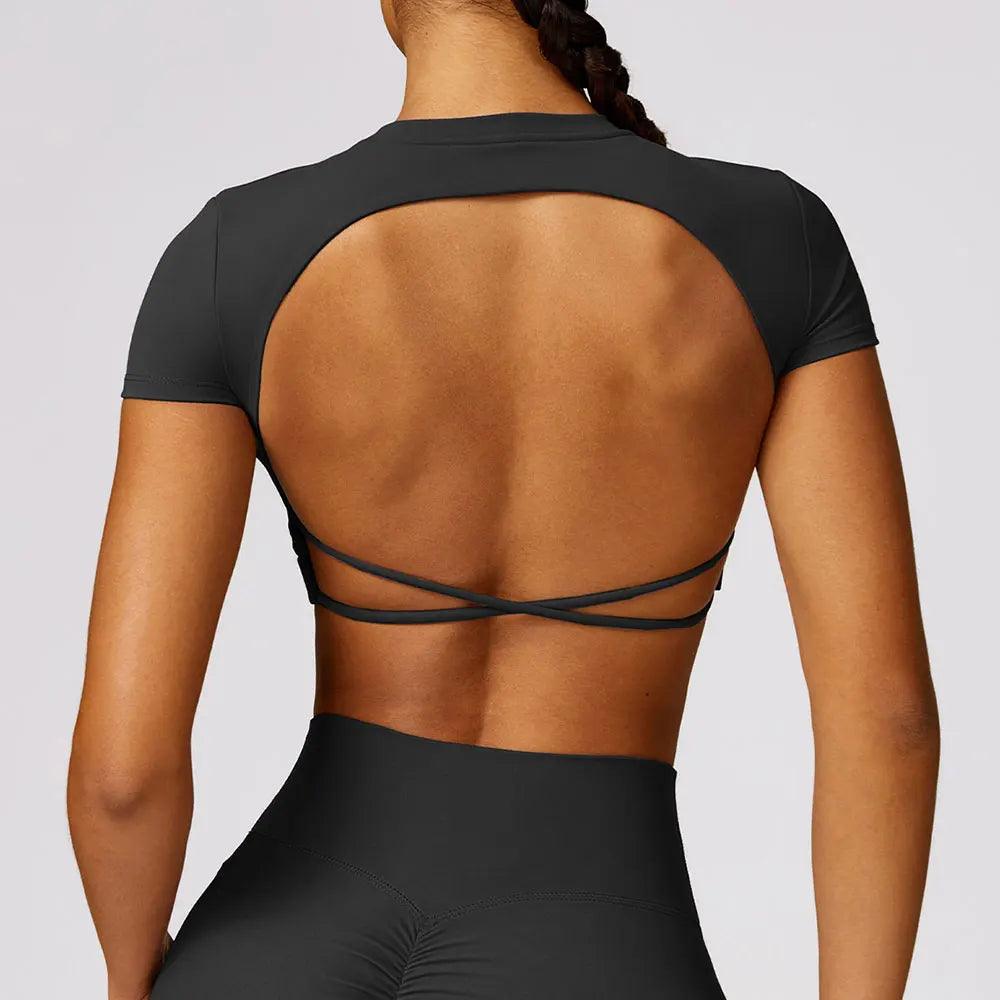 Sexy Hollow Beauty Back Crop Top Short Sleeve Women Fitness Yoga Shirt Gym Clothes Female Running Push Up T-shirts Sportswear-THAT FASHION STORE