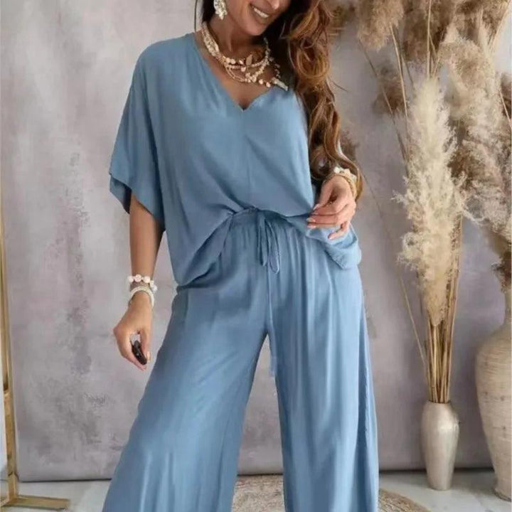 2024 Summer Pant Sets two piece sets For Women V neck Bat Sleeve Casual Loose Wide-leg Pants 2 piece set solid homewear Outfits-THAT FASHION STORE