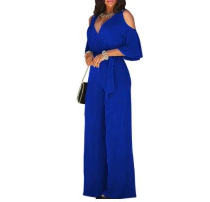 2022 Ladies Three-quarter Sleeve Cutout Off Shoulder Wide Leg Jumpsuit Ladies Casual Short Sleeve Solid Color Jumpsuit-THAT FASHION STORE