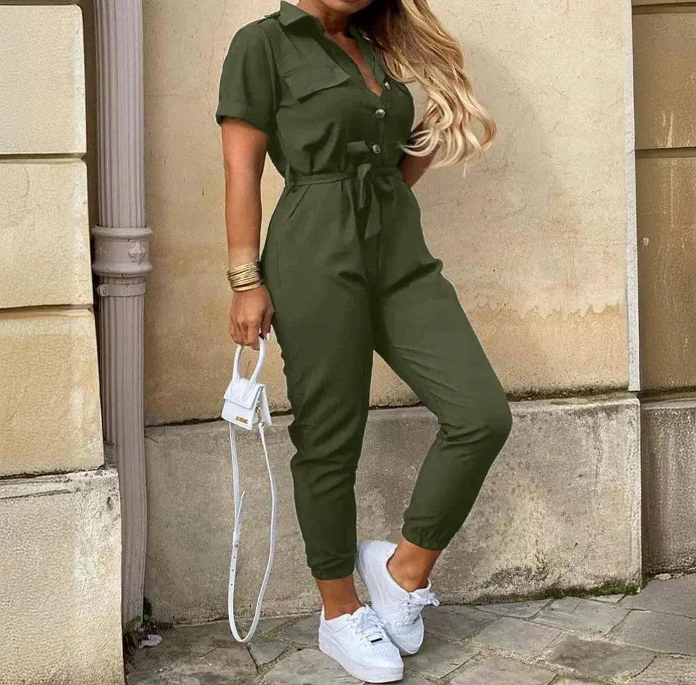 Elegant Jumpsuits for Women New 2024 Spring/Summer POLO Collar Short Sleeve Solid Color Lace Up Button Up Jump Suit for Female-THAT FASHION STORE