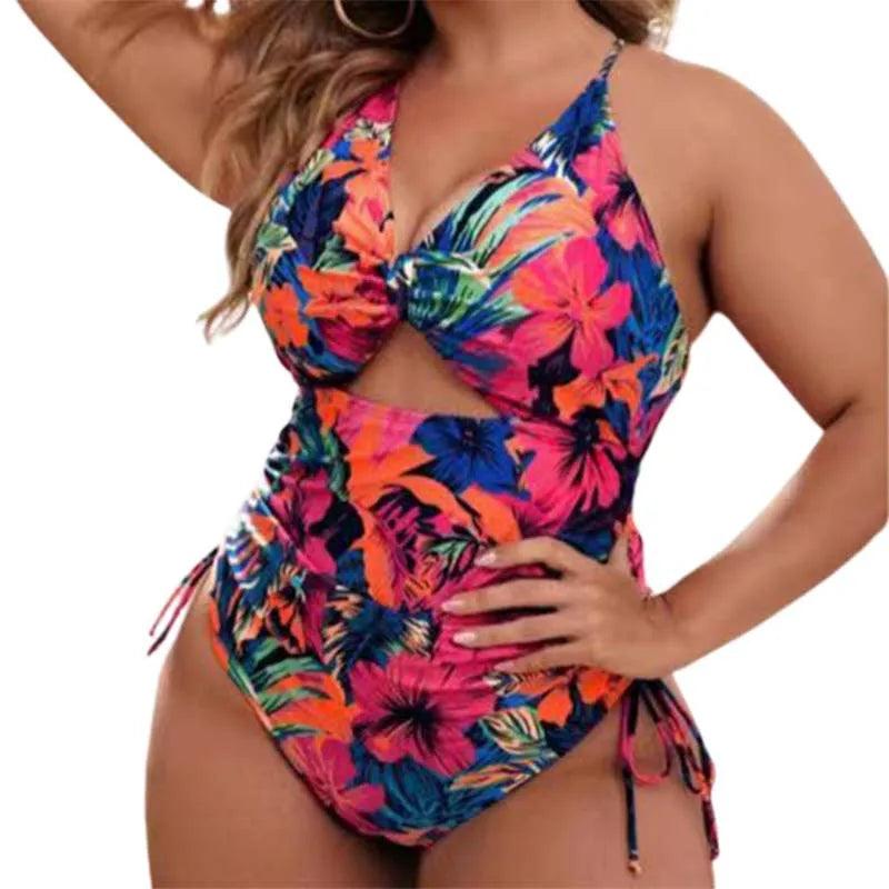 2024 New High Waisted Swiming Suits Plus Size Floral Print Cutout Drawstring Monokini One Piece Swimsuit Women-THAT FASHION STORE