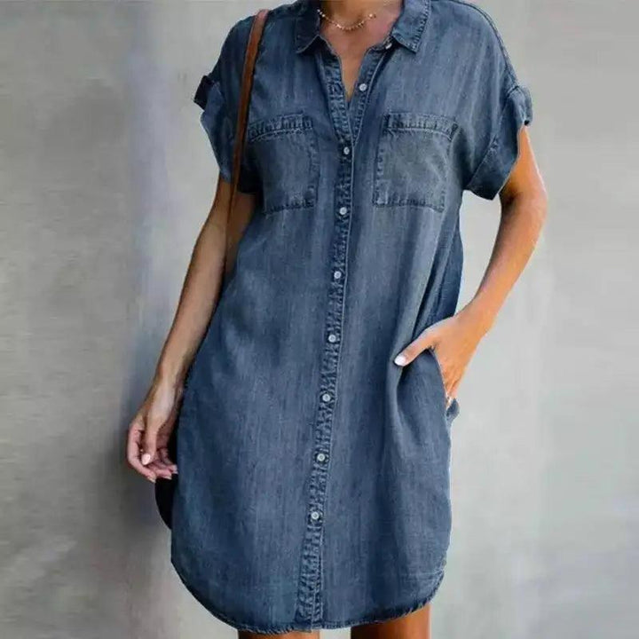 Summer New Single Breasted Denim Shirt Dress Women's Casual Loose Pocket Simple Retro Commuter Female Office Denim Short Skirt-THAT FASHION STORE