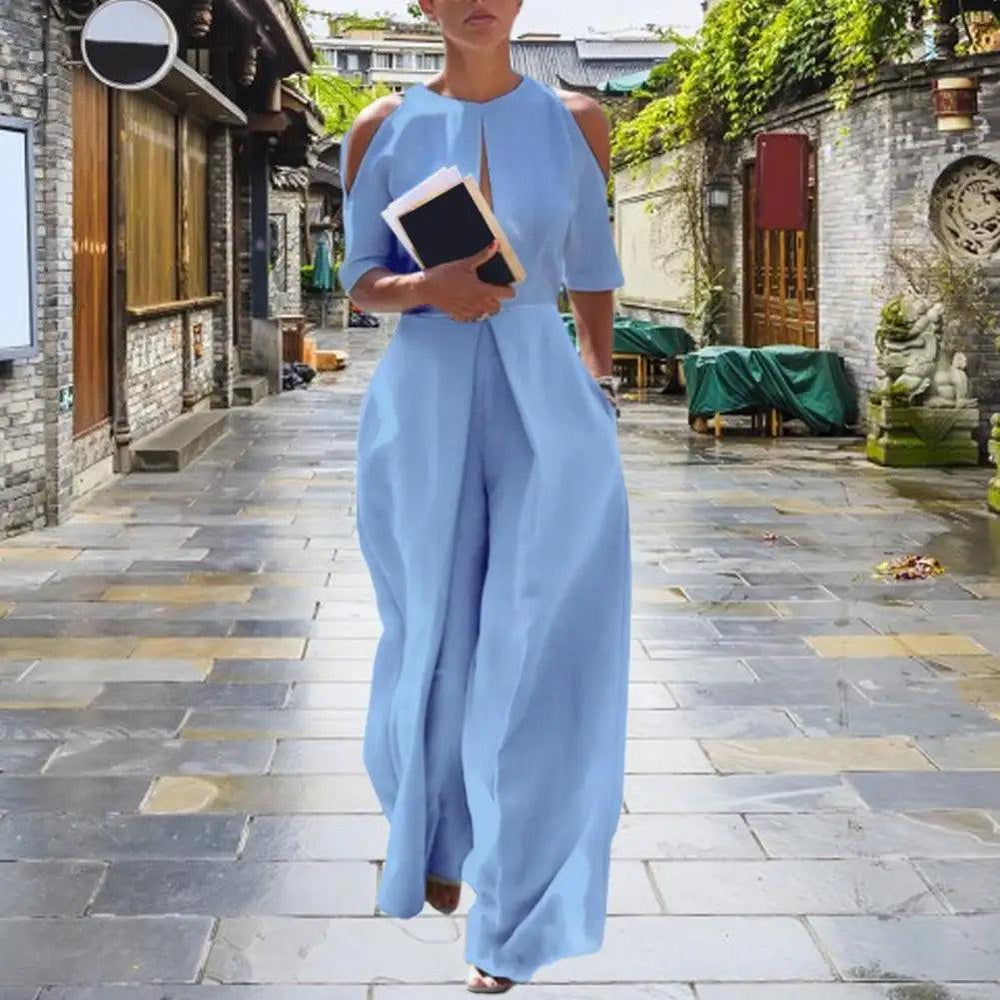 Soft-touching Breathable Cold Shoulder Half Sleeve Front Hollow Long Jumpsuit Streetwear-THAT FASHION STORE