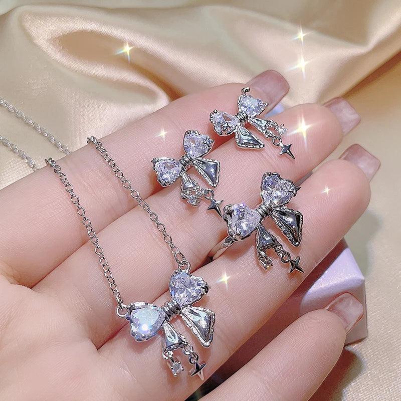 Crystal Angel Wings Heart Pendant Necklaces Set Ladies Girl Simple Y2K Pink White Zircon Love Elegant Necklace Women Jewelry Set-THAT FASHION STORE