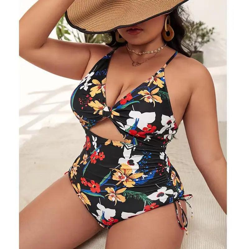 2024 New High Waisted Swiming Suits Plus Size Floral Print Cutout Drawstring Monokini One Piece Swimsuit Women-THAT FASHION STORE