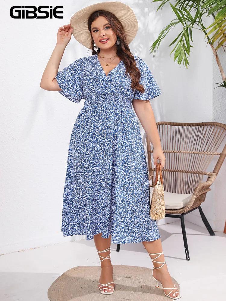 GIBSIE Plus Size Ditsy Floral V-Neck Boho Long Dress Women Summer Short Sleeve High Elastic Waist Holiday A-Line Dresses 2023-THAT FASHION STORE