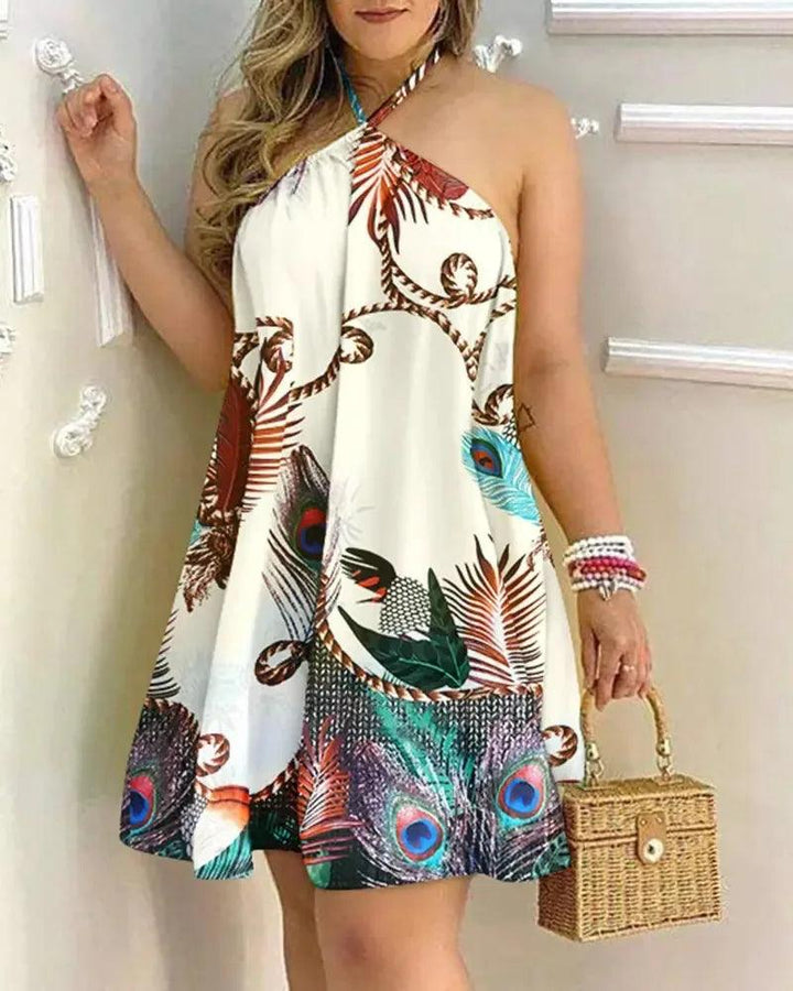 Tropical Print Halter Neck Dress, Vacation Style Backless Dress For Spring & Summer, Women's Clothing-THAT FASHION STORE