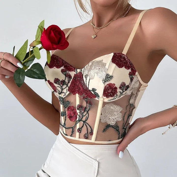 Women Mesh Hollow Out Sexy Crop Tops Flower Embroidery Sweet Tank Top Spaghetti Camis Streetwear Tube Top Spring Summer-THAT FASHION STORE