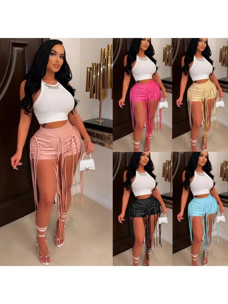 2022 Womens Wetlook Sexy Tassel Mini Shorts PU Leather High Waist Lace-up Back Booty Shorts For Night Cocktail Party Clubwear-THAT FASHION STORE