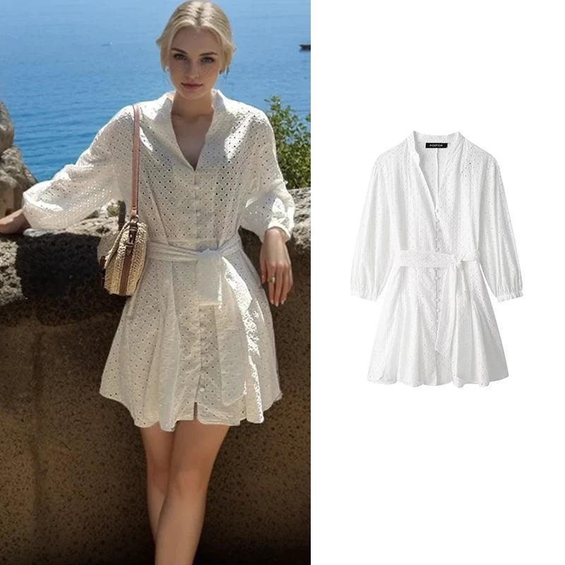 Dresses Summer Women's 2024 New Fashion Chic Embroidery Elegant Slim V-neck Belt Holiday Dress Street Women's Dress-THAT FASHION STORE