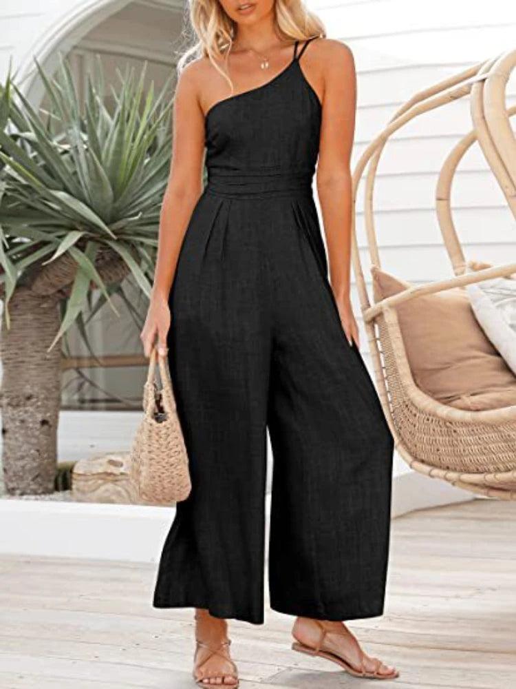 Women's Jumpsuit Single Shoulder Strap Pleated High Jumpsuit-THAT FASHION STORE