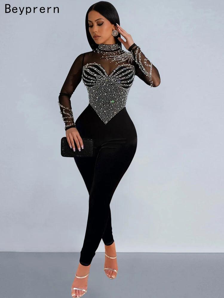 Beyprern Women's Sheer Mesh Crystal Jumpsuits One Piece Outfits Glam Fitted Long Sleeve Pearls Rhinestone Rompers Club Overalls-THAT FASHION STORE