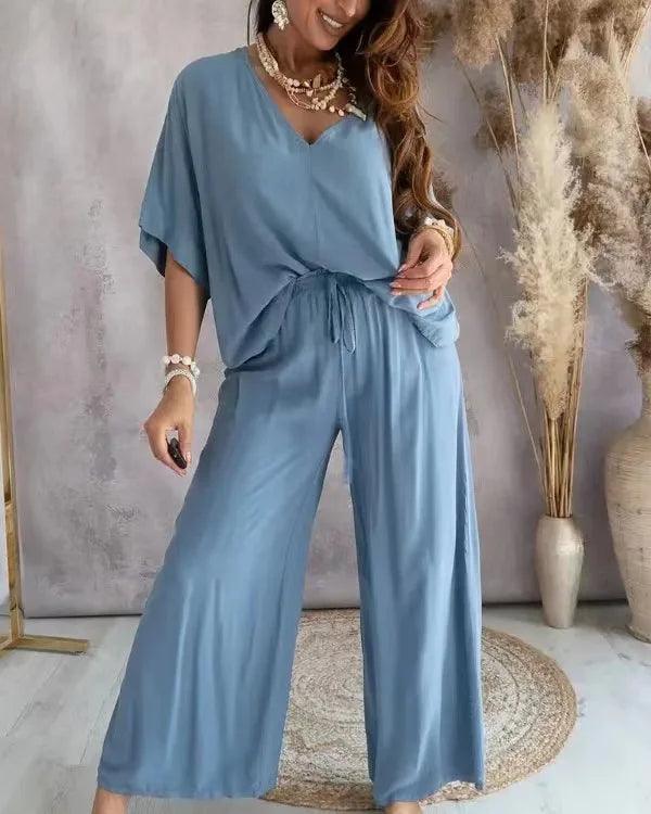 2024 Summer Pant Sets two piece sets For Women V neck Bat Sleeve Casual Loose Wide-leg Pants 2 piece set solid homewear Outfits-THAT FASHION STORE