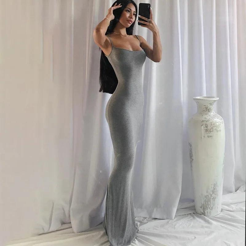 2024 Summer Dresses For Women Sexy Spaghetti Strap Black Long Dress Y2k Sleeveless Solid Skinny Bodycon Trumpet Maxi Vestidos-THAT FASHION STORE