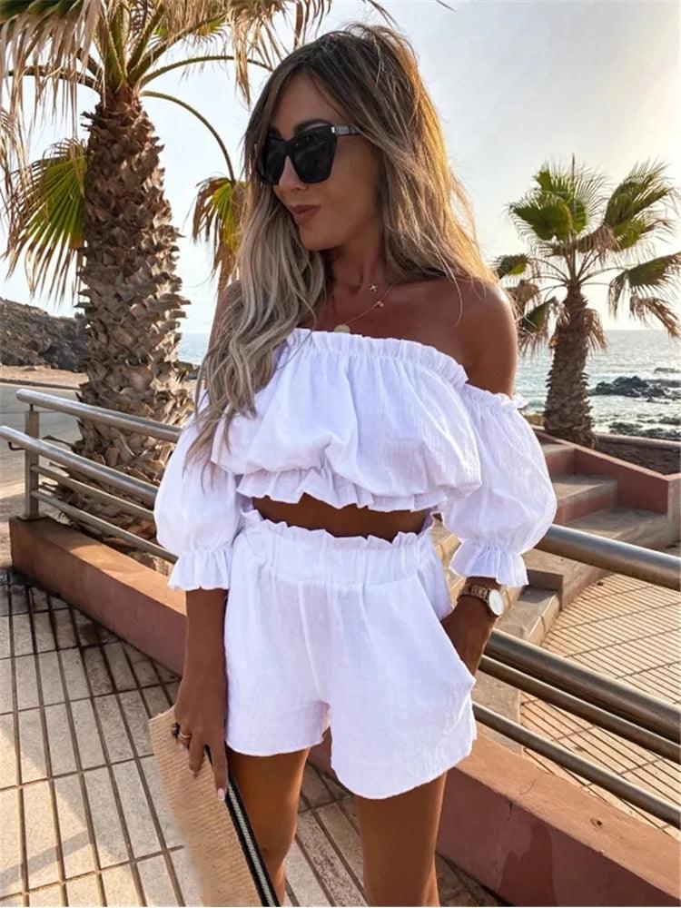 Women Casual Short Sleeve Outfit 2023 Summer Fashion One-Word Collar Lantern Sleeve Pocket Suit Female Top Shorts Two Pieces Set-THAT FASHION STORE