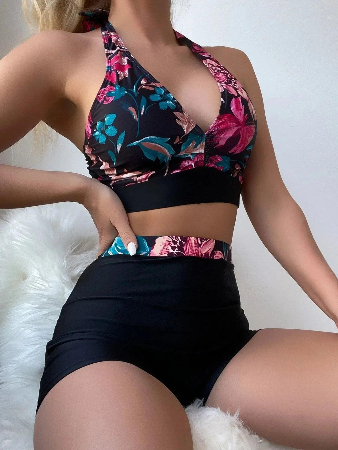 2024 Women Sexy Tankini Beachwear Leaf Pattern 2 Pieces Suit Swimwear Halter Lace-Up Backless Swimsuit High Waist Push Up Shorts-THAT FASHION STORE