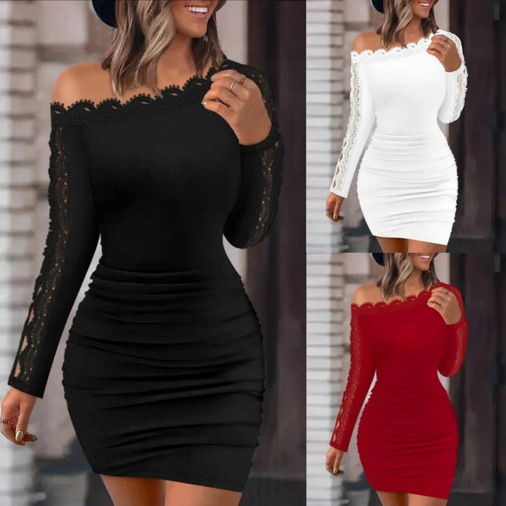 Sexy Off Shoulder Lace Patchwork Dress Women Autumn Winter New Long Sleeve Hollow Out Bodycon Party Dresses For Women 2024 Black-THAT FASHION STORE