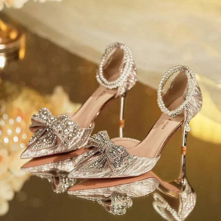 2024 Summer Luxury Women's High Heel Sandals Rhinestone Butterfly Pearl Champagne Party Wedding Shoes Birthday High Heels-THAT FASHION STORE